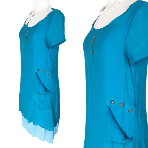Miss Nikky Aqua Blue Short Sleeve Scooped Neck Layered Shift Dress size Medium - Picture 2 of 15